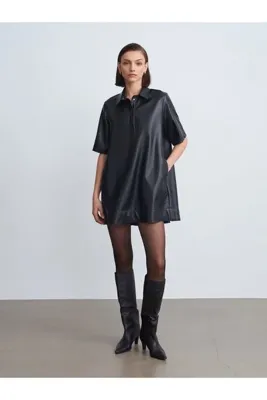 Dilvin 90934 Suni Deri Mini Gömlek Elbise