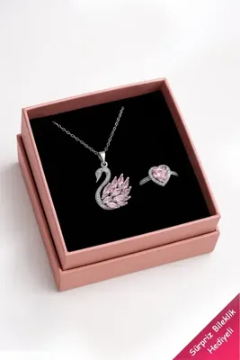 The Collection Zirkon Taşlı Kuğu Çelik Kolye Ve Gümüş Zirkon Ayarlanabilir Kalp Yüzük