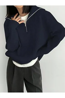 POİNE Kadın Devrik Yaka Oversize Selanik Örgü Fermuarlı Basic Triko Kazak