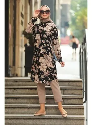 Neva Style Çiçek Desenli Siyah Tesettür Tunik 11521S