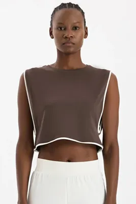 COMEUP Kontrast Biyeli Sıfır Kol Crop Top Kakao Dansı