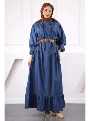 İmaj Butik Mavi Kol Lastikli Eteği Katlı Kemerli Elbise