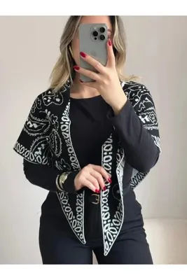 LEROSY CO. Etnik Desenli Triko Şal Siyah Beyaz