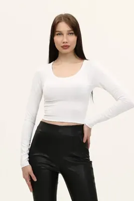 LAENT Kadın Beyaz Bisiklet Yaka Uzun Kollu Crop Bluz