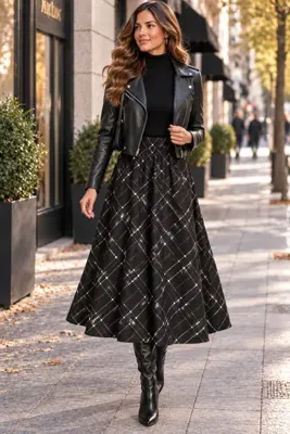 SELDAĞ MODA İTALYAN EKOSE ŞANEL KUMAŞ 76 CM ETEK BOYU BELİ LASTİKLİ KLOŞ ETEK