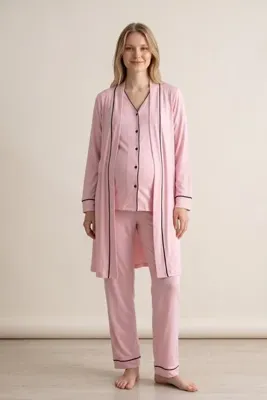 Genel Markalar Venera Premium Kontrast Biyeli Kolay Emzirme Özellikli Lüks 3'lü Hamile & Lohusa Pijama Sabahlık Takımı