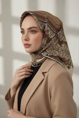 Vissona %100 Twill İpek Şal Desenli Bej Renkli 90x90 Eşarp Dikim Şekli : El Dikişi