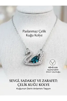NAS fashion Kadın Gümüş Renk Mavi Taşlı Çelik Kuğu Kolye