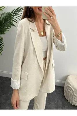 Fast Perry Içi Marin Astarlı Naturel Keten Yumuşak Blazer Ceket