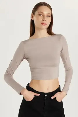 Tudors Kadın Slim Fit Dar Kesim Bisiklet Yaka Sırt Detaylı Vizon Bluz