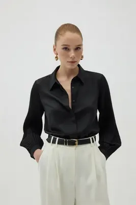 Sateen Pilise Kollu Gömlek - Siyah