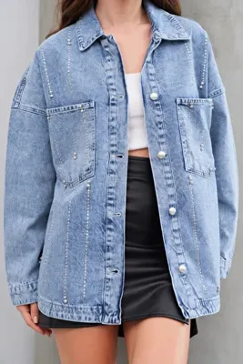 MetuCA Kadın Açık Mavi Taş İşlemeli Oversize Geniş Kalıp Pinterest Kot Ceket