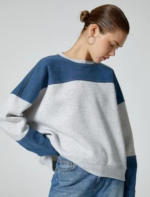 Koton Şardonlu Kot Detaylı Sweatshirt Bisiklet Yaka Arkası Fermuar Detaylı