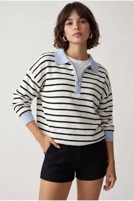 Drop by TrendyolMilla Çizgili Polo Yaka Yarım Fermuarlı Beli Kaşkorse Kazak