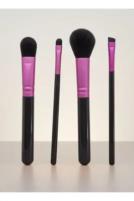 BBeauty 4 'lü Kozmetik Fırça Seti Allık Göz Farı Pudra Kaş Farı Makyaj Fırçası Seti (Fuşya - Siyah Renk)