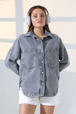 BLUE NATIONAL JEANS Kadın Oversize Kesim denim Gömlek Ceket Kar Yıkama Gri Renk Günlük Şıklık -BNJ4899