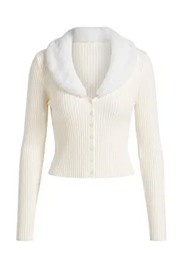 TRENDYOLMİLLA Ekru Çıkarılabilir Kürk Detaylı Fitted Triko Hırka TWOAW27HI00164