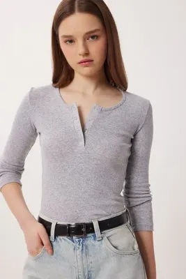 Lovelyİstanbul Çıtçıtlı Fitilli Örme Bluz LRN0015 GRİ MELANJ
