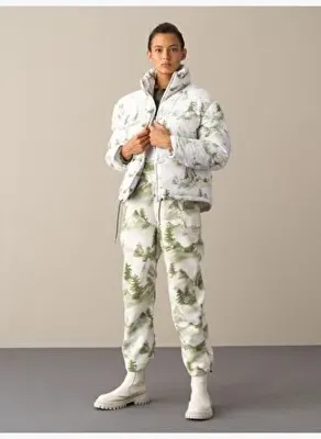 Xint Yeşil Oversize Desenli Şişme Mont