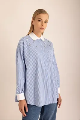 Aker Mavi Çizgili Cotton Taş Işlemeli Gömlek