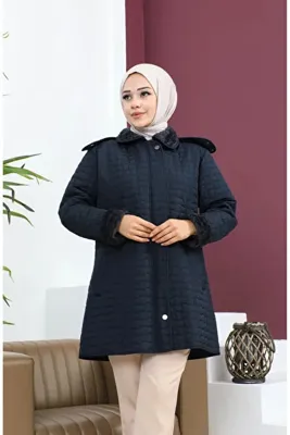 sefamerve Büyük Beden Kare Desen Kapitone Mont 6141-02 Lacivert