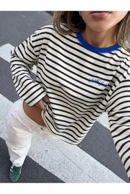 CrepTekstil Kadın Sunlit Soul Baskılı Siyah Beyaz Çizgili Uzun Kollu Oversize Tişört