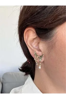 Pelin Aksesuar Gold Kelebek İnci Damlalı Küpe
