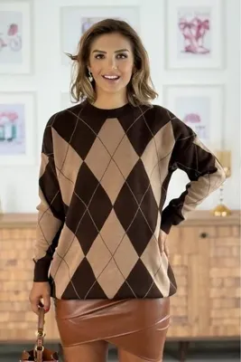 Nevin Kaya Moda Kahverengi Baklava Desenli Kazak