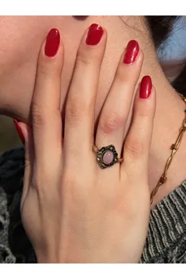 Esha Store Doğal Taş Pembe Kuvars Doğal Taşlı Antik Ayarlanabilir Kadın Yüzük