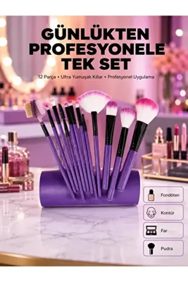 ucuzteknom Fondöten, Allık ve Far Uygulamalarına Uygun 12 Parça Makyaj Fırça Takımı Ergonomik Saplı