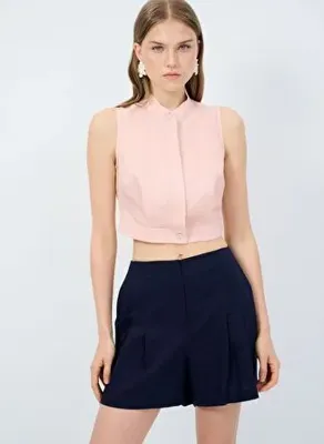 adL Pileli Keten Crop Bluz