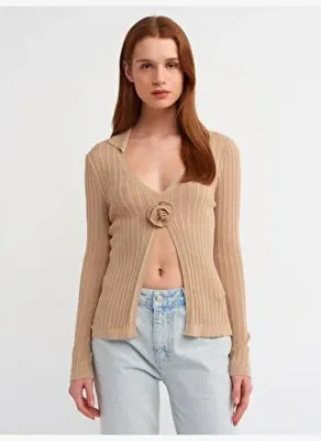 Dilvin 10526 Polo Yaka Çiçek Detaylı Transparan Triko Bluz