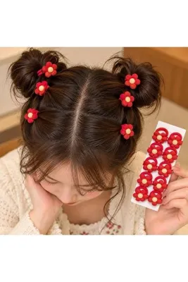 So Much Accesories 10’lu Kırmızı Çiçek Figürlü Kız Çocuk Saç Lastiği Seti – Esnek Mini Saç Tokası, Sevimli Çiçek Modeli