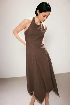 TRENDYOLMİLLA Trendyol Studio Collection Kahverengi Halter Yaka Asimetrik Midi Denim Elbise TWOSS26EL00389