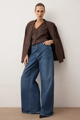 TRENDYOLMİLLA Kahverengi Bordo Ekoseli/Kareli Normal Kalıp Kruvaze Kapama Dokuma Blazer Ceket TWOAW26BC00061