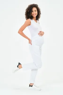 BUSA Hamile Esnek Karın Bantlı Bel Ayarlı Mom Fit Kot Pantolon BEYAZ
