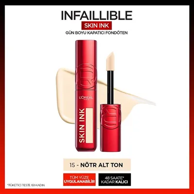 L'Oréal Paris Skin Ink Gün Boyu Kapatıcı Fondöten Nötr Alt Ton 15