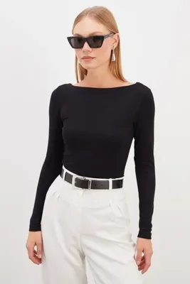 Fulla Moda Basic Kayık Yaka Slim Fit Bluz