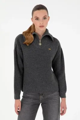 U.S. Polo Assn. Kadın Antrasit Melanj V Yaka Fermuarlı Kazak 50297086-VR081