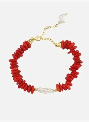 Linya Jewellery Amorf Barok İncili Kırmızı Mercan Bileklik