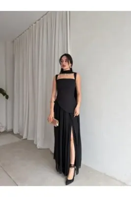 Mooi Butik MİMOSA Maxi Şallı Elbise 8543 - Siyah
