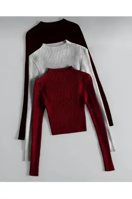 Paraf style Kadın Triko 3lü Uzun Kollu Crop Kazak Şık ve Rahat Tasarım