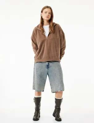 Koton Oversize Uzun Kollu Yarım Fermuarlı Şardonlu Polar Sweatshirt