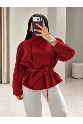 Ekim Store Kırmızı Süet Dik Yaka Kuşaklı Büzgülü Deri Ceket