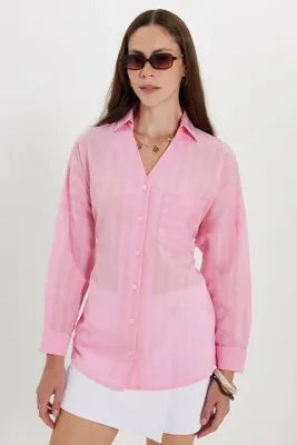 Tudors Kadın Oversize Geniş Kesim Uzun Kollu Pamuklu Beli Kuşaklı Çizgili Cepli Pembe Gömlek