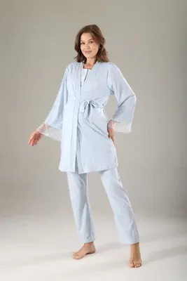 Pelin Kadın Mavi Dantel Detaylı Lohusa Hamile 3'Lü Pijama Takımı