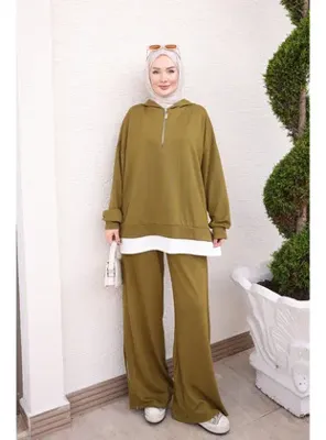 İmajButik Yağ Yeşili Yaka Fermuarlı Kapüşonlu Tunik Pantolonlu Takım