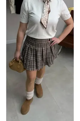 liya butik Kahve Pileli Şortlu Etek
