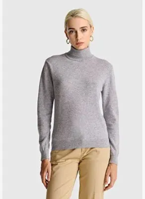United Colors Of Benetton Kadın Gri Melanj %100 Merino Dik Yaka  Kazak