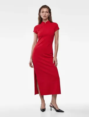 Koton Krep Kumaş Mandarin Qipao Yaka Kısa Kollu Düğmeli Bodycon Midi Elbise